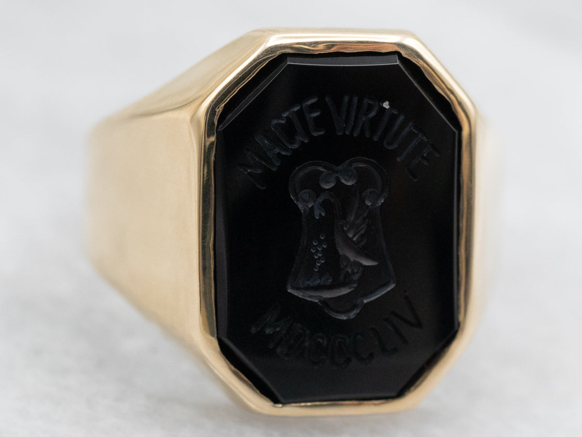 Vintage "MACTE VIRTUTE MDCCCLIV" Carved Black Onyx College Ring