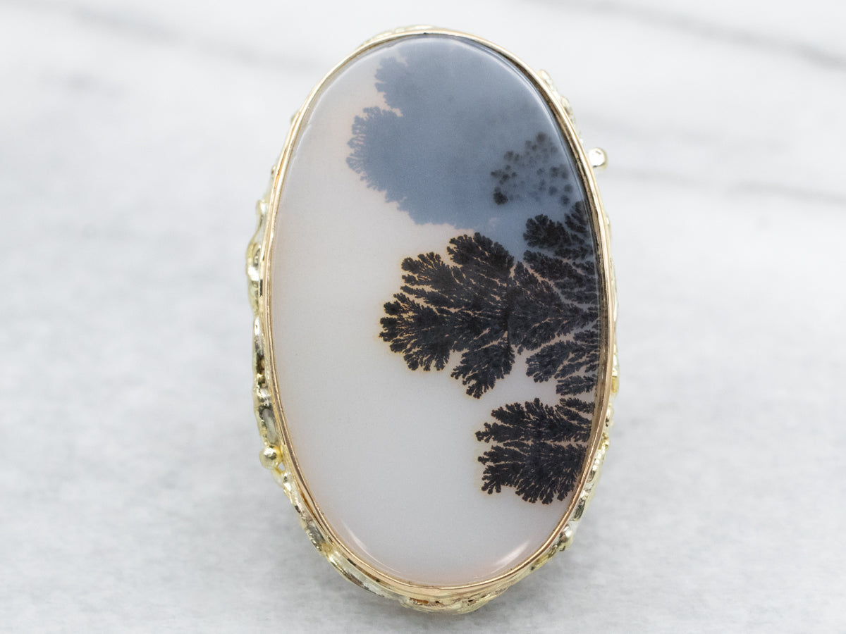 Grape Vine Green Gold Dendritic Agate Cocktail Ring