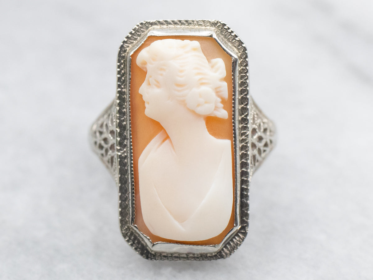 Art Deco Emerald Cut Cameo Filigree Ring