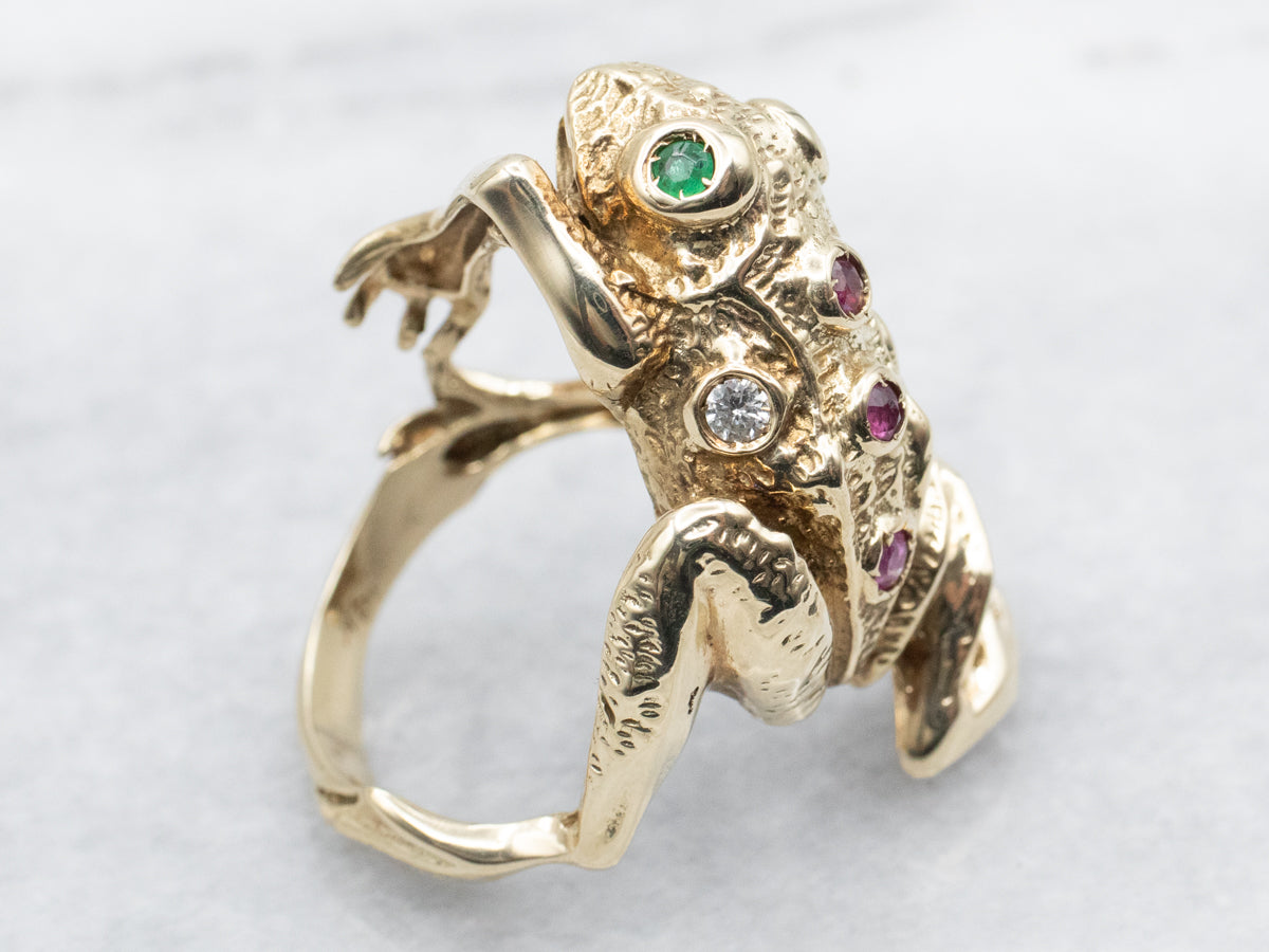 Golden Gemstone Tree Frog Statement Ring