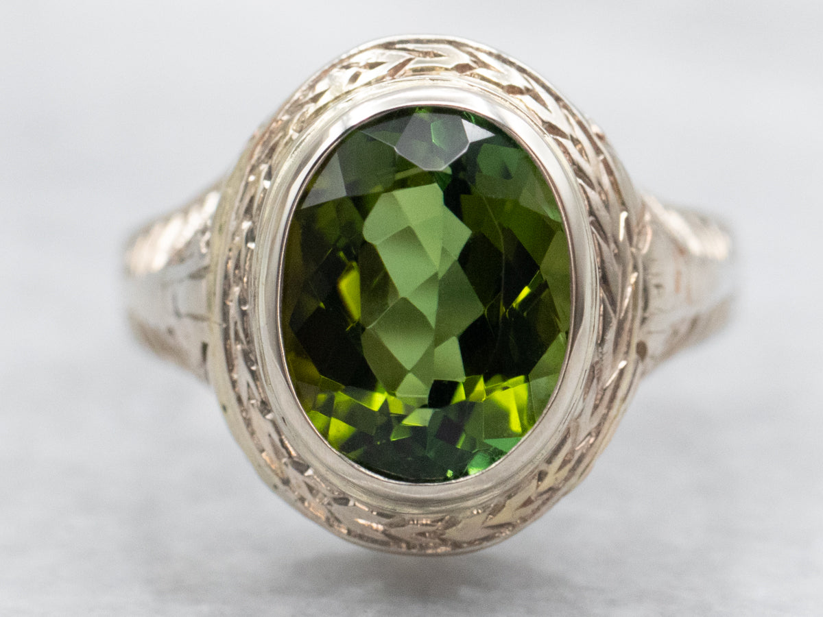 Art Deco Bezel Set Green Tourmaline Solitaire Ring