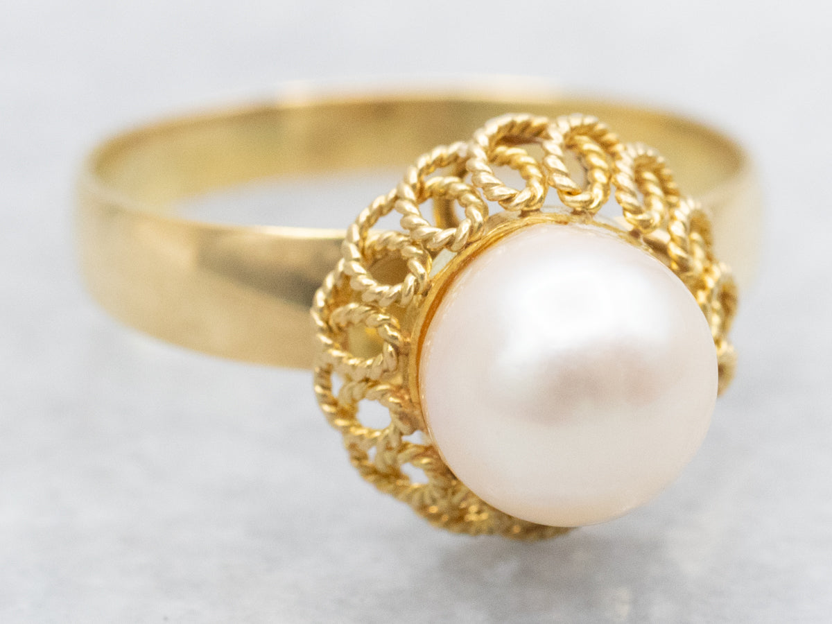 Saltwater Pearl 18-Karat Gold Filigree Ring