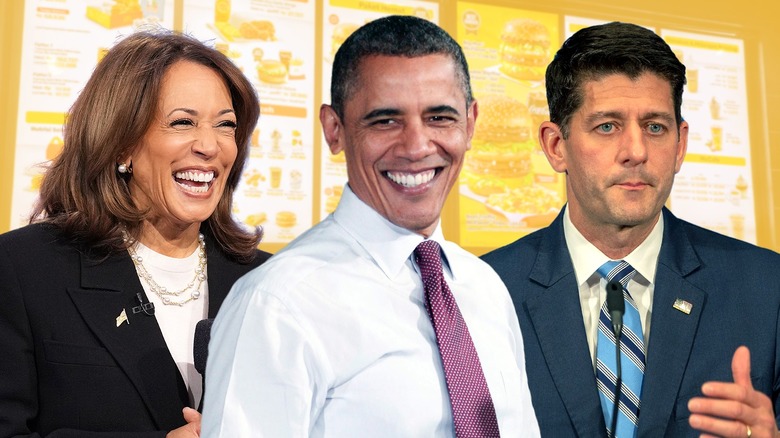 Kamala Harris, Barack Obama, and Paul Ryan before fast food menus