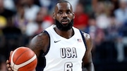 United States forward LeBron James (6) takes the ball up-court during the first half of an exhibition basketball game against Canada, Wednesday, July 10, 2024, in Las Vegas. (AP Photo/Steve Marcus)