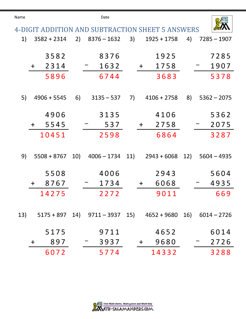 4 Digit Addition and Subtraction Worksheets