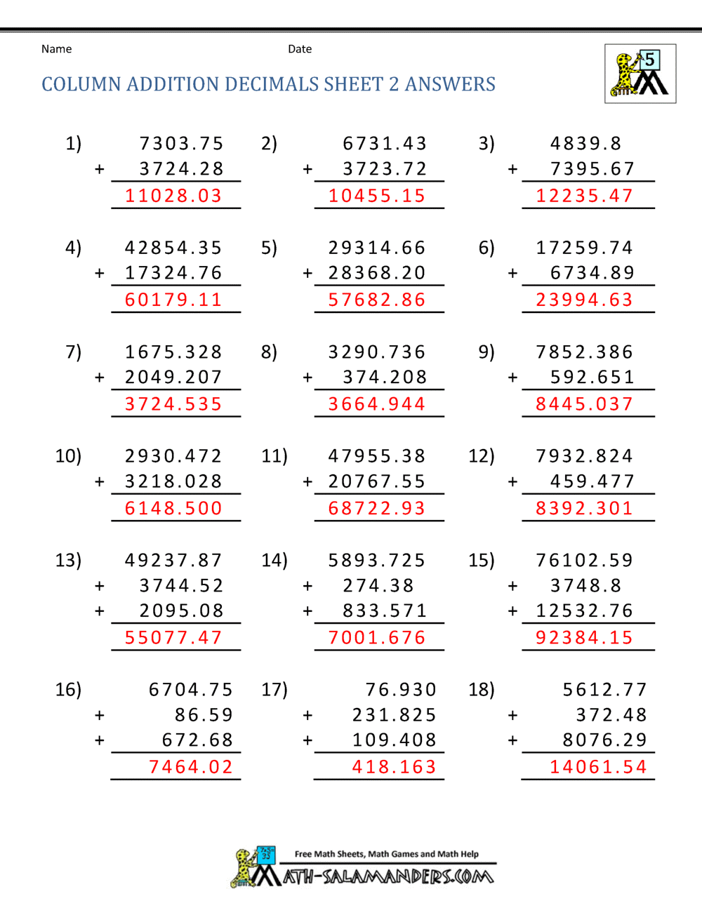 Adding Decimals Worksheet 5th Grade