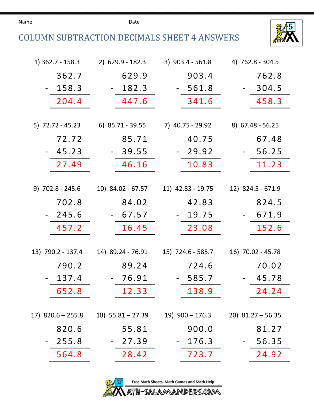 Decimal Subtraction Worksheets