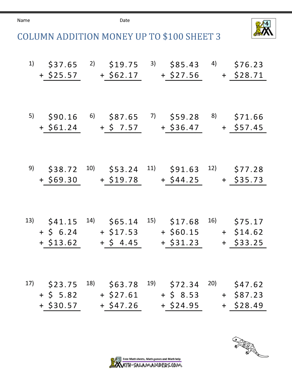 Money Addition Worksheet collection 4th Grade