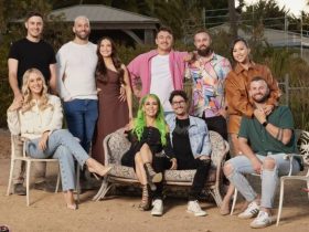 The Block 2024 Cast sitting and standing on a beach type set