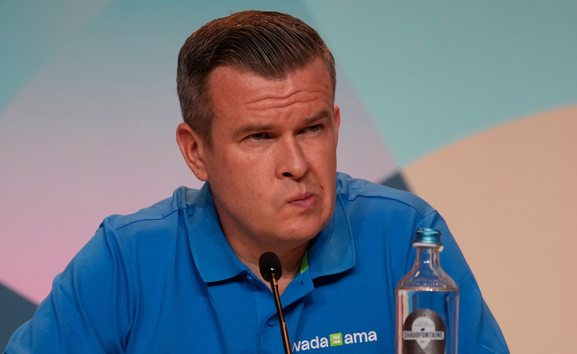 Witold Banka, president of the World Anti-Doping Agency (WADA), attends a press conference at the 2024 Summer Olympics, Thursday, July 25, 2024, in Paris, France. (AP Photo/Michel Euler)