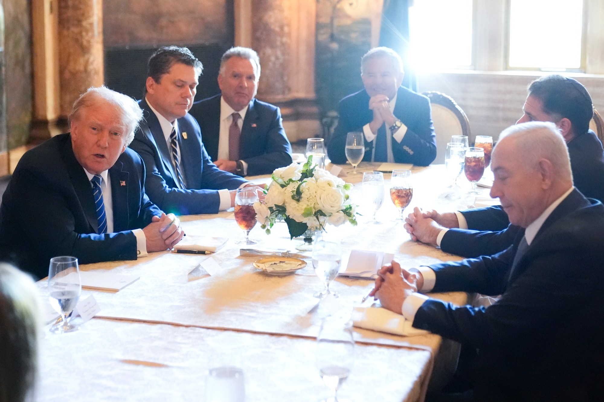 Republican presidential candidate former President Donald Trump meets with Israeli Prime Minister Benjamin Netanyahu at his Mar-a-Lago estate, Friday, July 26, 2024, in Palm Beach, Fla. (AP Photo/Alex Brandon)