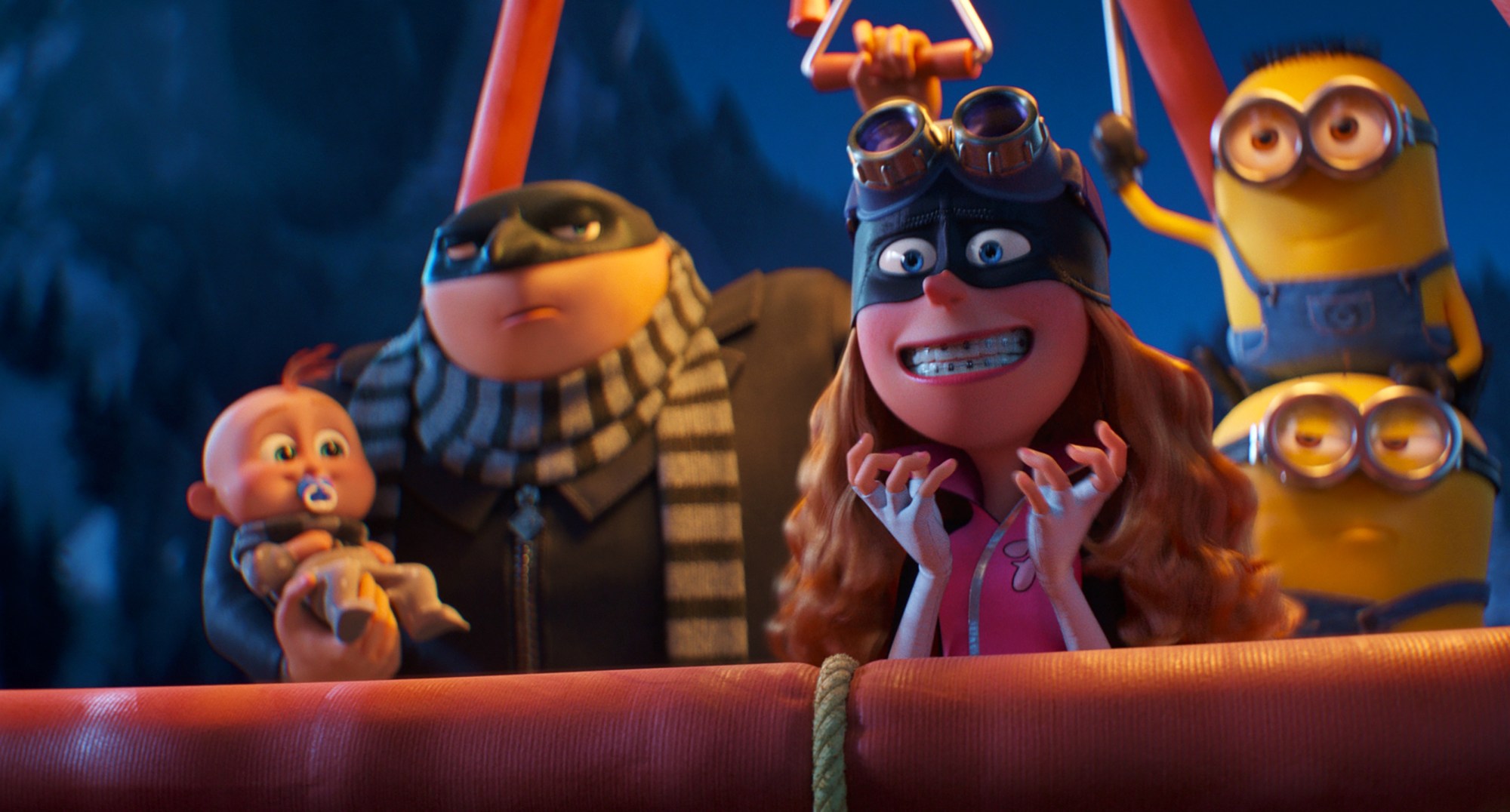 Teen girl Poppy, voiced by Joey King, blackmails Gru, voiced by Steve Carell, into helping her with a heist - and he brings along Gru Jr. and a couple of Minions -- in a scene from "Despicable Me 4." (Courtesy of Illumination & Universal Pictures)