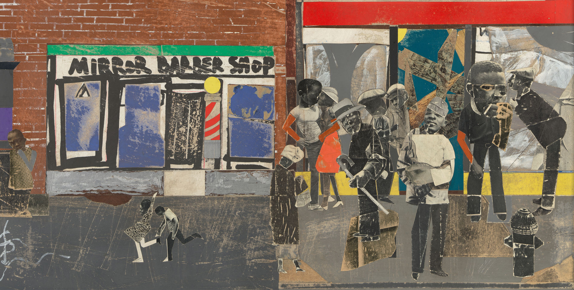 collage of a harlem block with two buildings. A jazz band plays and children also play on the street. 