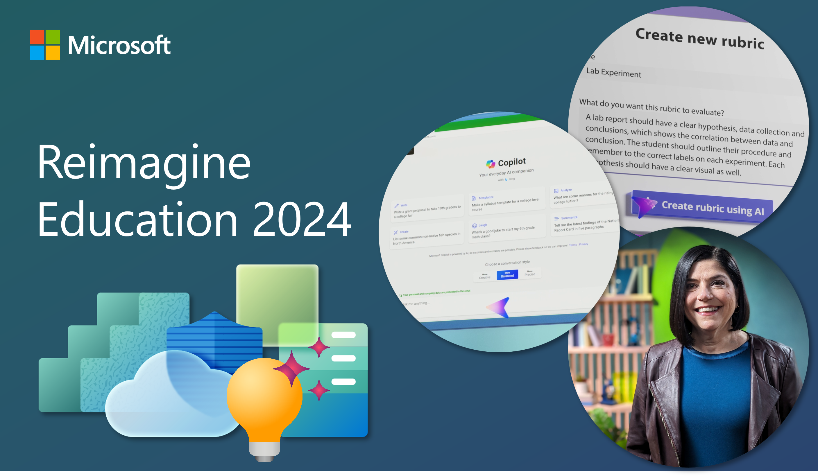 Graphic featuring three images: a woman smiling, the Copilot homepage, and an interface for creating a new rubric using AI.