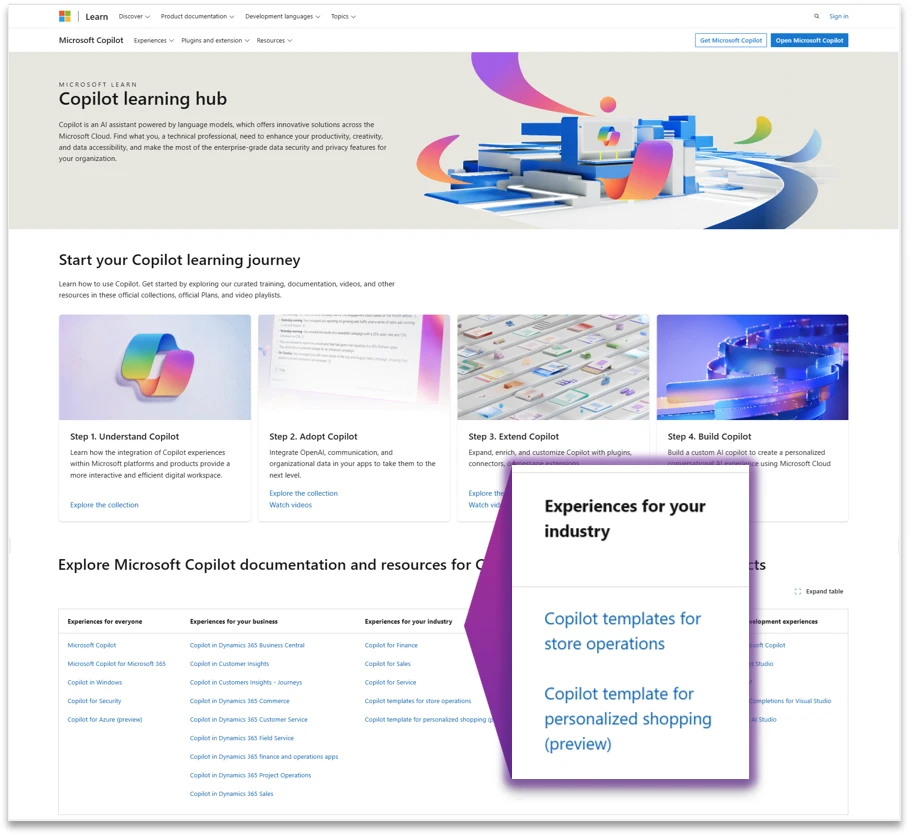 Screen capture of the Copilot learning hub. Header image summarizes the page. Start your Copilot learning journey is below the header with a choice of 4 steps to get started: 1) Understand Copilot 2) Adopt Copilot 3) Extend Copilot 4) Build Copilot.