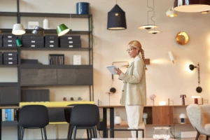 A person standing in a workspace, looking at a tablet in their hand.