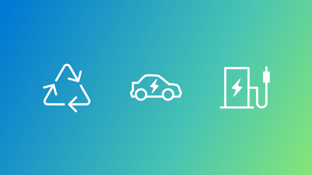 white icons symbolizing renewable electric energy on a blue and green gradient background
