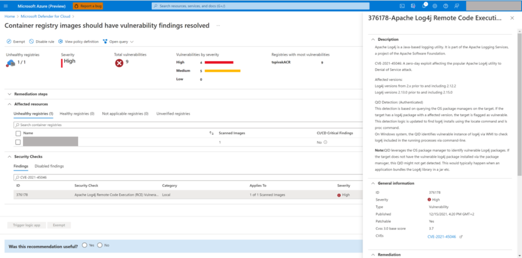 Screenshot of Microsoft Defender for Containers findings of images with vulnerability