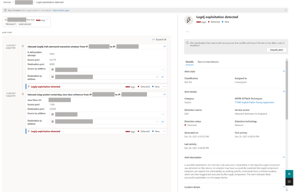 Screenshot of Microsoft Defender for Endpoint alert Log4j exploitation detected