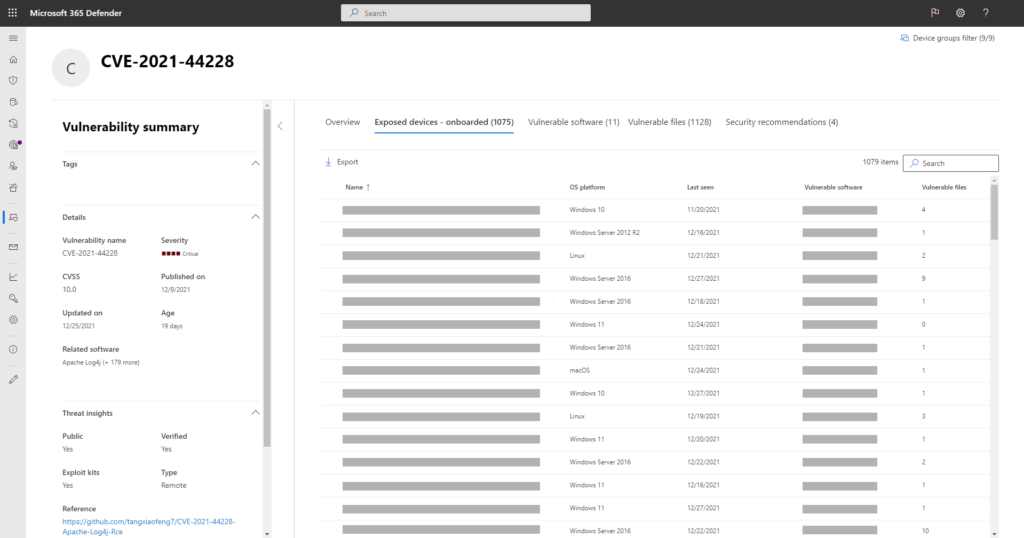 Screenshot of threat and vulnerability management showing exposed devices