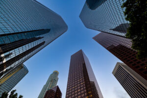 Ground-up view of a city‘s architecture and skyline​.