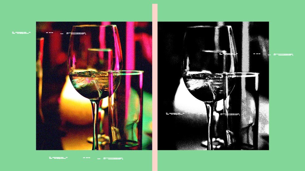 An image of a wine glass and high ball glass in color beside an image of a wine glass and high ball glass in stark black and white.