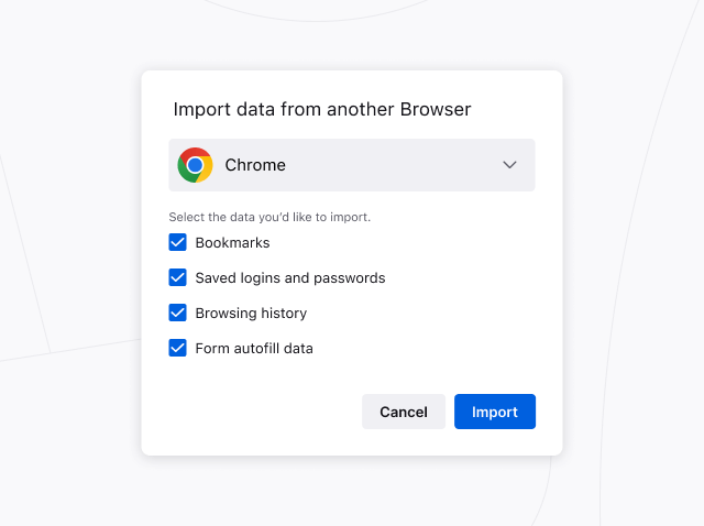 Slika dijaloga Firefox čarobnjaka za uvoz, koji prikazuje opcije za uvoz postavki i podataka iz drugih pretraživača.