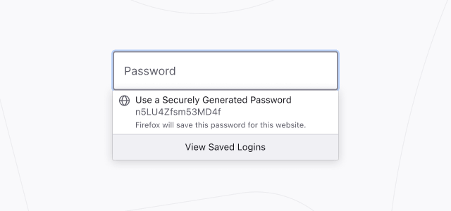 Slika obrasca za registraciju web stranice sa Firefoxa koji sugeriše jaku lozinku koju će automatski pohraniti za buduću upotrebu.