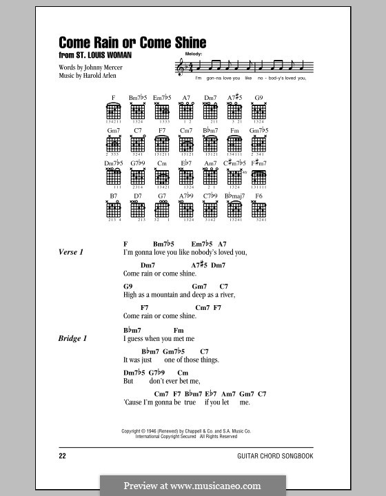 Come Rain or Come Shine: Lyrics and chords (with chord boxes) by Harold Arlen