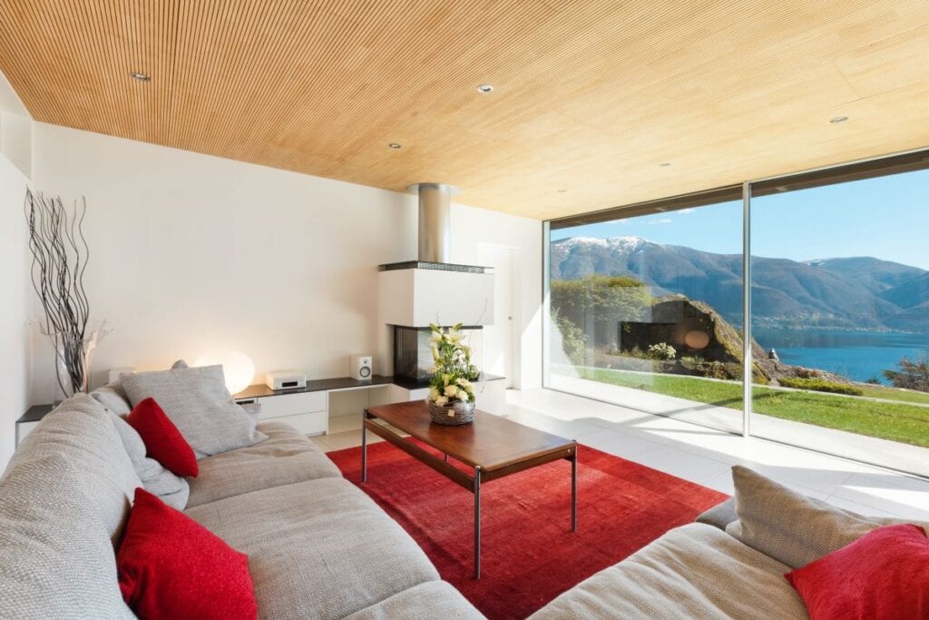 Living room with modern architecture and panoramic view of the mountains