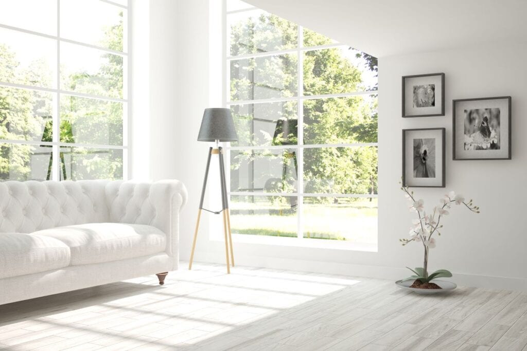 White monochromatic living room in Scandinavian style