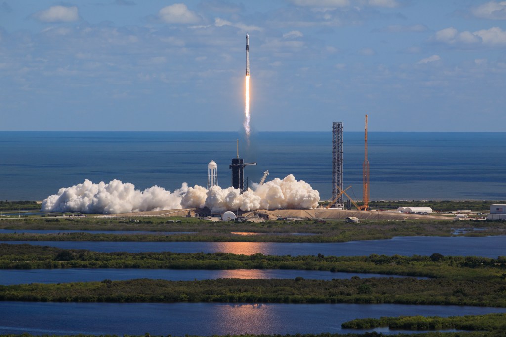 A SpaceX Falcon 9 rocket lifts off from Kennedy Space Center in Florida for NASA's Crew-5 mission.