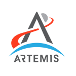 Artemis Logo - red rocket trail, blue arch that represents earth, ARTEMIS text, gray half sphere on a white background