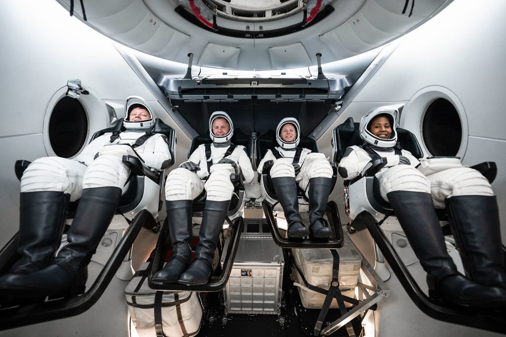 The crew of NASA’s SpaceX Crew-9 mission to the International Space Station poses for a photo during training in Hawthorne, California.