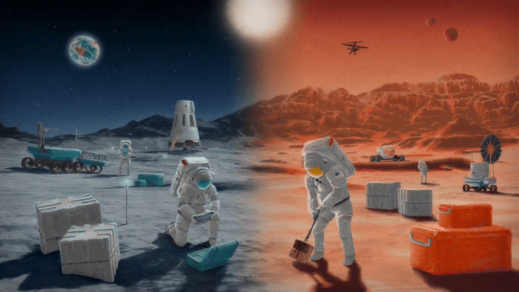 This image — developed by a team of artists from the Advanced Concepts Lab at NASA’s Langley Research Center — features astronauts performing science on the surface of the Moon and Mars. The team developed the image with a blend of digital 2D illustration and 3D techniques to mimic a retro science fiction painting.