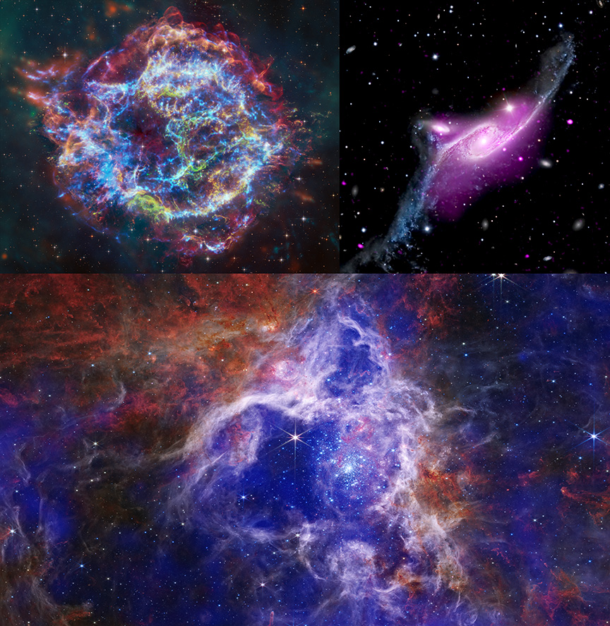 There are three images. The top right is Cassiopeia A. This image of Cassiopeia A resembles a disk of electric light with red clouds, glowing white streaks, red and orange flames, and an area near the center of the remnant resembling a somewhat circular region of green lightning. X-rays from Chandra are blue and reveal hot gas, mostly from supernova debris from the destroyed star, and include elements like silicon and iron. X-rays are also present as thin arcs in the outer regions of the remnant. Infrared data from Webb is red, green, and blue. Webb highlights infrared emission from dust that is warmed up because it is embedded in the hot gas seen by Chandra, and from much cooler supernova debris. Hubble data shows a multitude of stars that permeate the field of view. The image on the bottom is 30 Doradus. This release features a composite image of 30 Doradus, otherwise known as the Tarantula Nebula, a region of active star formation in a neighboring galaxy. In the image, royal blue and purple gas clouds interact with red and orange gas clouds. Specks of light and large gleaming stars peek through the colourful clouds. The patches of royal blue and purple gas clouds represent X-ray data collected by the Chandra Observatory. The brightest and most prominent blue cloud appears at the center of the image, roughly shaped like an upward pointing triangle. Darker X-ray clouds can be found near the right and left edges of the image. The red and orange gas clouds represent infrared data from the James Webb Space Telescope. These patches resemble clouds of roiling fire. The brightest and most prominent infrared cloud appears at our upper left, roughly shaped like a downward pointing triangle. Wispy white clouds outline the upward pointing bright blue triangle in the center of the image. Inside this frame is a brilliant gleaming star with six long, thin, diffraction spikes. Beside it is a cluster of smaller bright specks showing young stars in the nebula. The final image is NGC 6872. In this composite image, a large spiral galaxy has some of its superheated gas stolen by a smaller, nearby neighbor. Centered in the frame, NGC 6872 is a large spiral galaxy with two elongated arms that stretch toward our upper right and lower left. Near the white dot at the heart of the galaxy, a cloud of neon purple tints the arms, which appear steel blue at the tips. The purple represents hot gas detected by Chandra. Just to the upper left of NGC 6872 is a second spiral galaxy. Its spiraling arms are much smaller, but the bright white dot at its core is quite large, suggesting a supermassive black hole. Some of the steel blue matter and gas from NGC 6872’s lower arm appears to be floating toward the smaller galaxy, likely pulled toward the supermassive black hole.