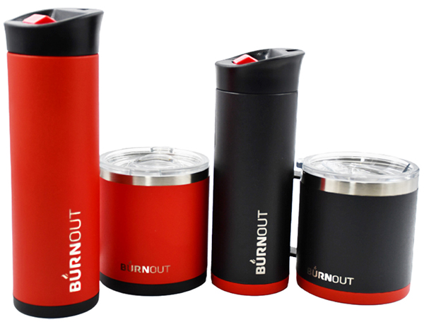 A selection of red and black Burnout coffee mugs.