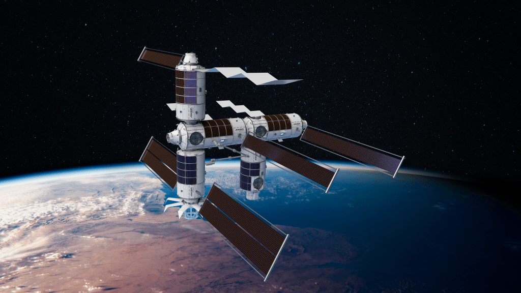 A digital rendering of the completed Axiom Station, which includes the Payload, Power, and Thermal Module, Habitat 1, an airlock, Habitat 2, and the Research and Manufacturing Facility. Credits: Axiom Space