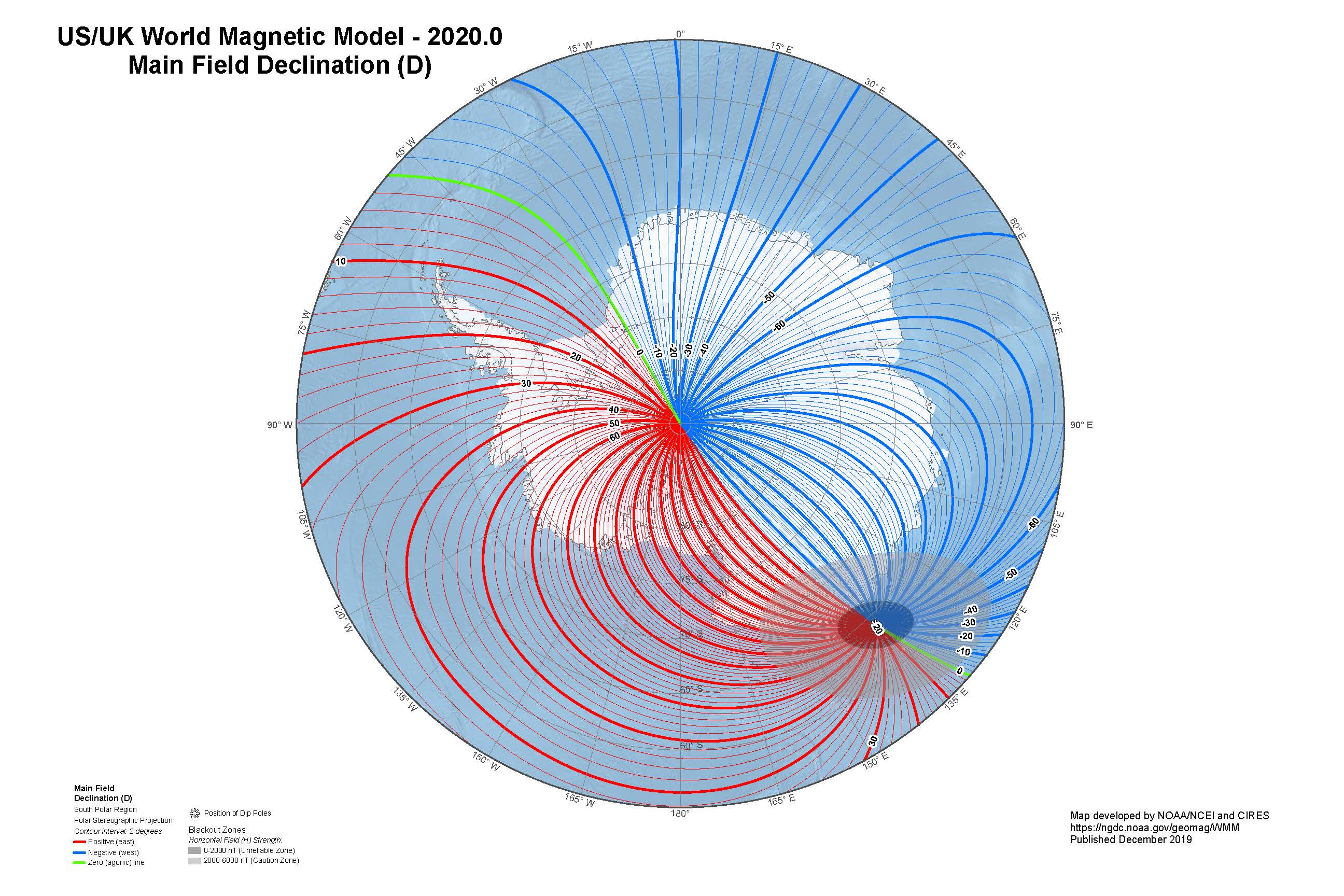 Magnetic Declination at 2020.0 from the World Magnetic Model Antarctic Projection