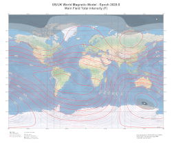 Magnetic Total Field at 2020.0 from the World Magnetic Model