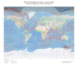 Change in Magnetic Annual Horizontal Intensity at 2020.0 from the World Magnetic Model