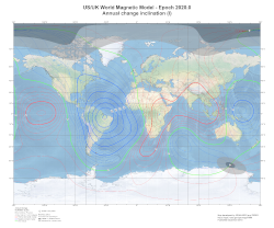 Change in Magnetic Inclination at 2020.0 from the World Magnetic Model