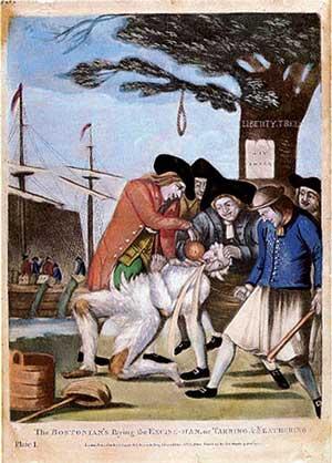 This British illustration shows the tarring and feathering of Boston Commissioner of Customs John Malcolm in 1774, shortly after the Boston Tea Party.