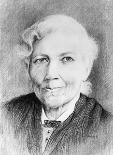 A pencil skethc of Jacobs. She is smiling and has white hair.