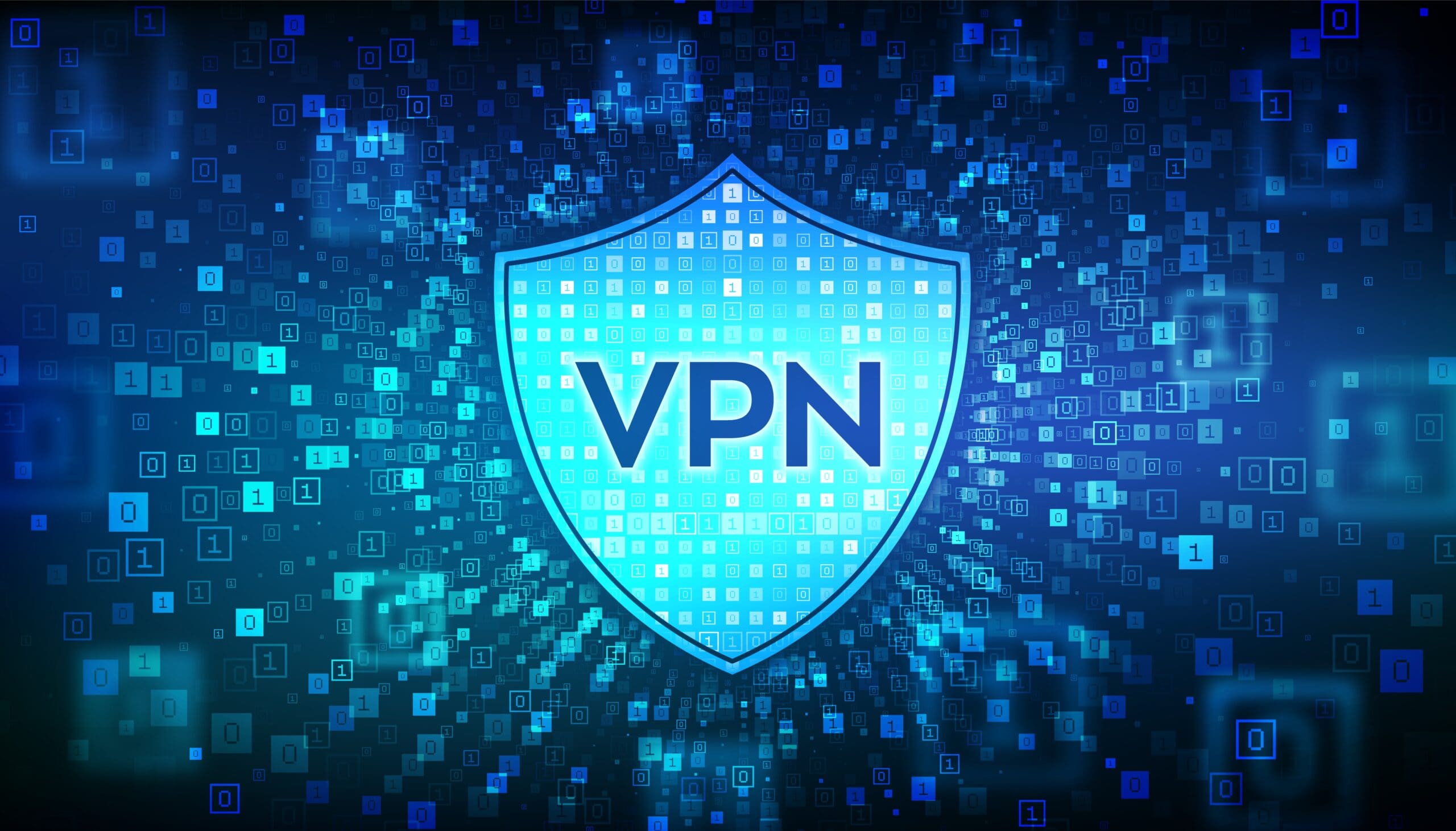 VPN. Virtual private network. Data encryption, IP substitute. Secure VPN connection concept. Cyber security and privacy. Binary data flow tunnel. Digital code with digits 1.0. Vector Illustration