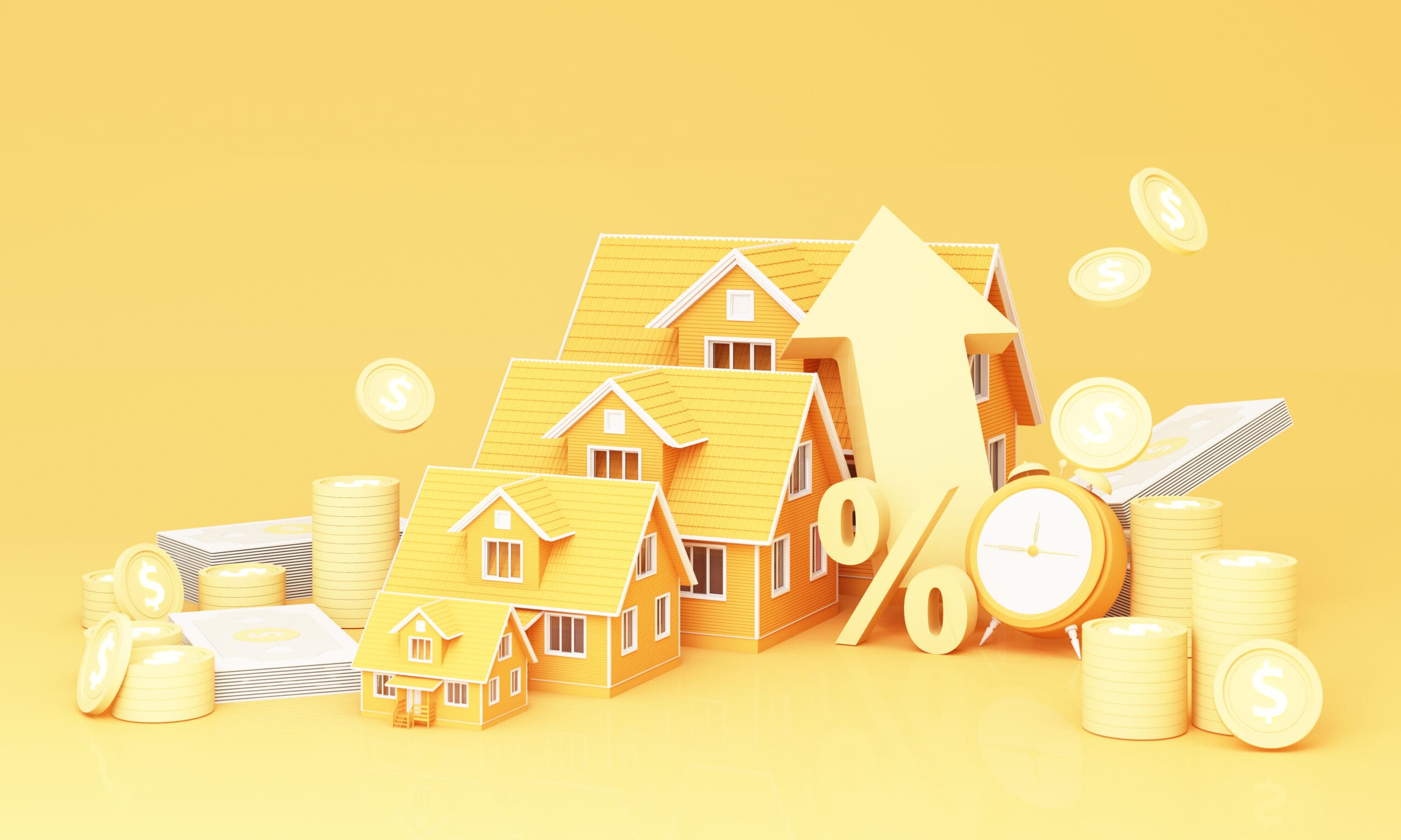 big arrow symbol Higher Interest Rates for Home Real Estate Ideas Savings on real estate of financial stability and growth and space for entering text on a yellow background, realistic 3D rendering.