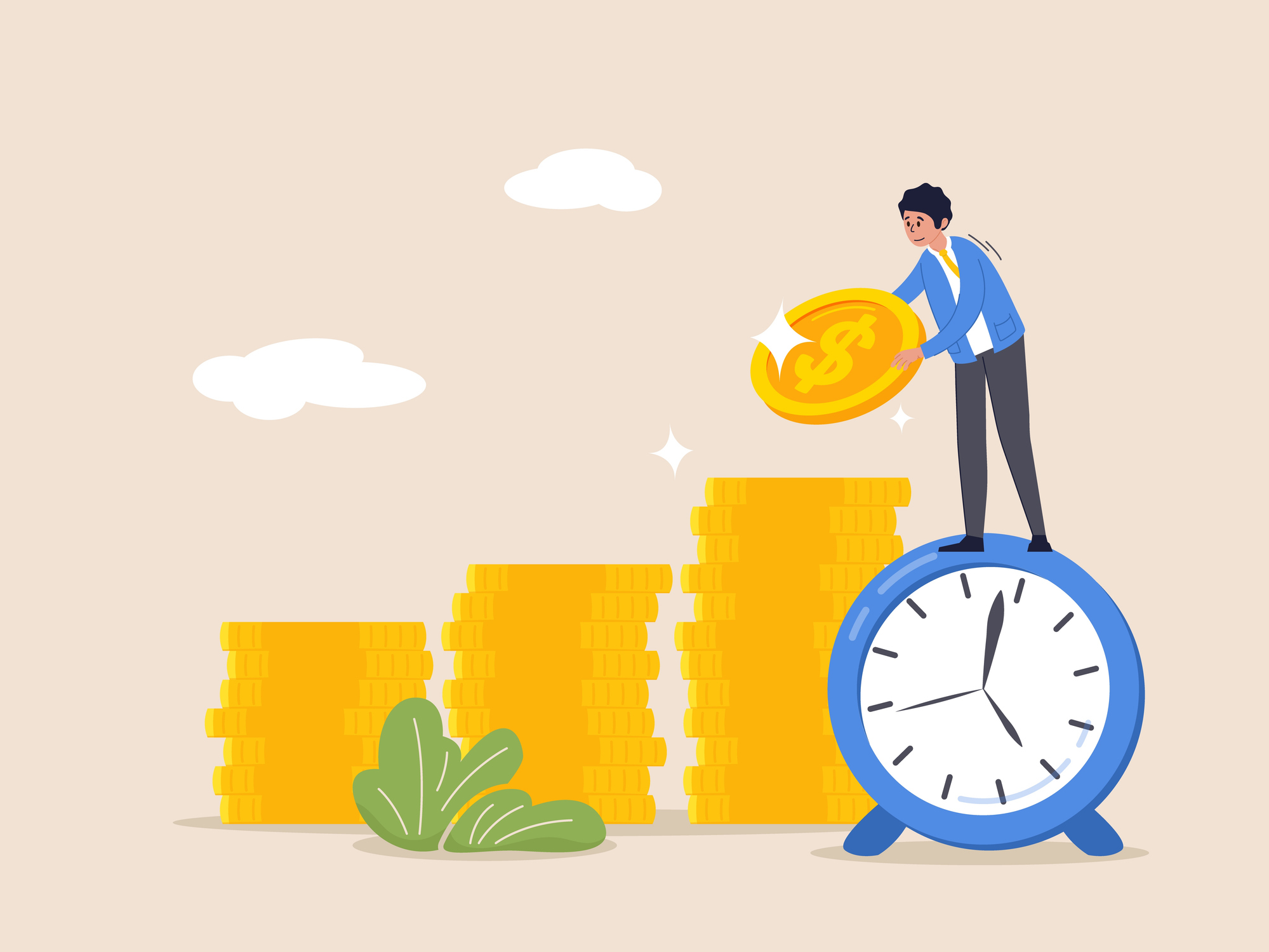 Compound interest or investment growth, tax time reminder concept. Long term investing or savings for retirement fund. Businessman on alarm clock put more dollar coin money to increase his savings