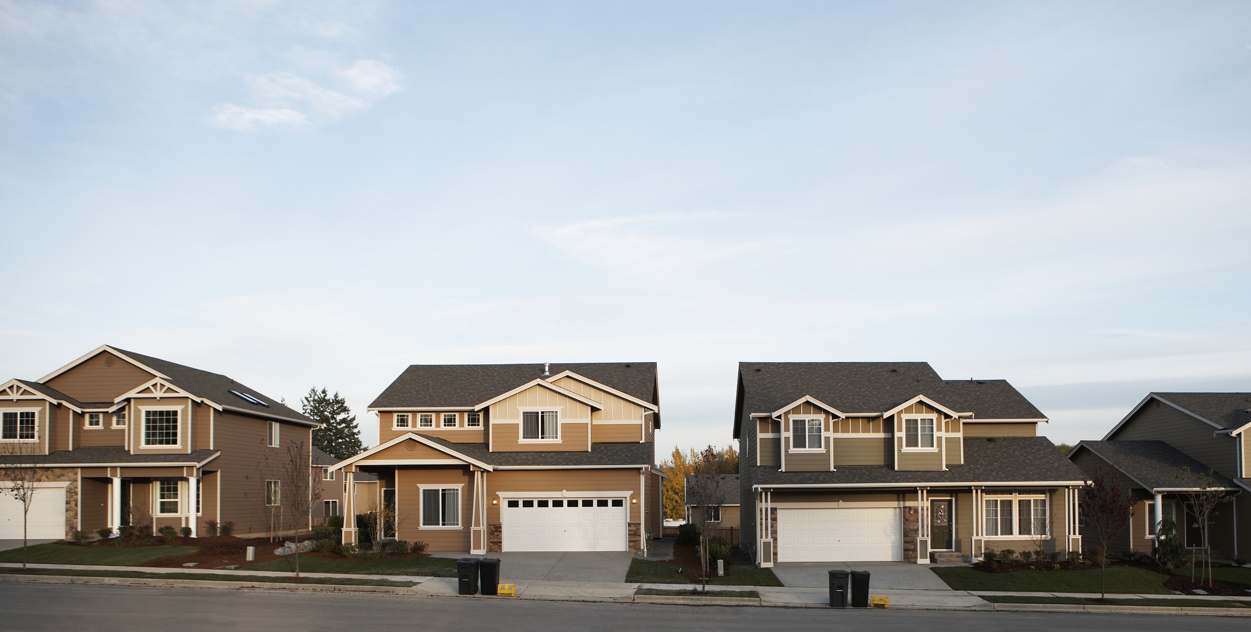 Row of houses with garbage and recycling bins on roadside