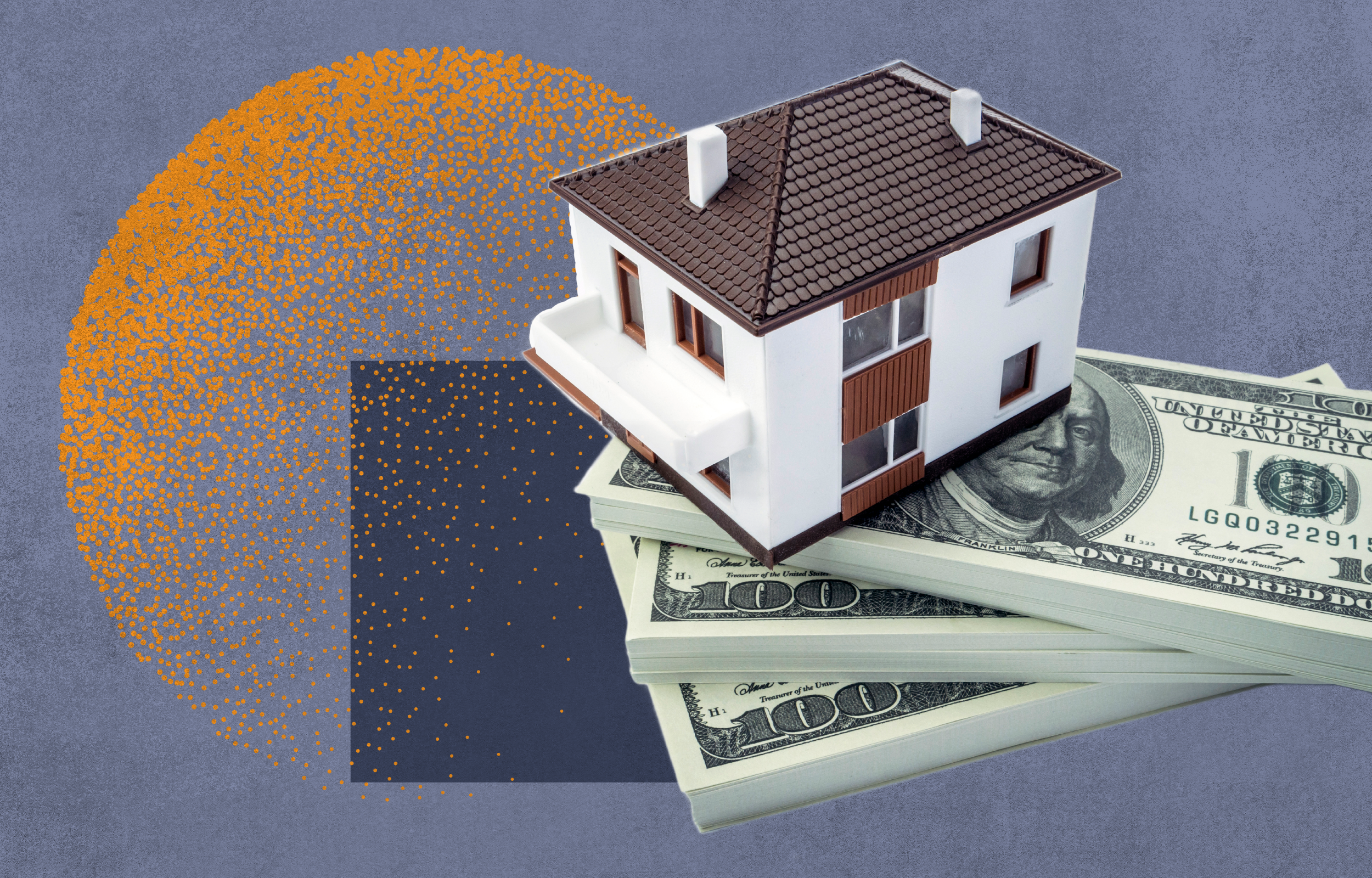 a white and brown home on top of a pile of cash dollars, with an abstract orange and blue background