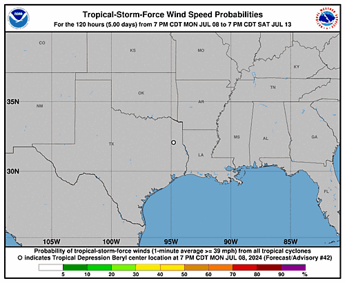 Hurricane Beryl 34-Knot Wind Speed Probabilities